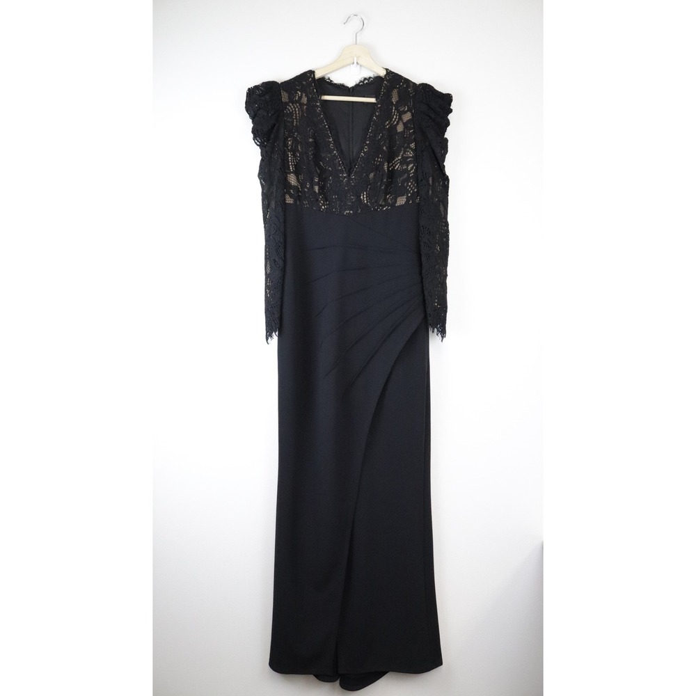 NWT Tadashi Shoji Marshal Crepe & Lace Gown Black BTF21173LX 6 - Picture 2 of 12